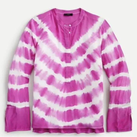 J. Crew Tie-Dyed Silk Tunic Blouse Pink Long Sleeve Henley Button Top Size L - Picture 1 of 7